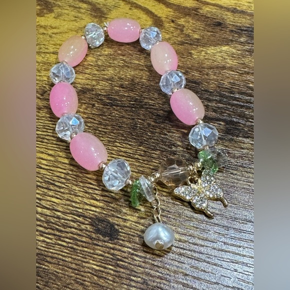 Pink and Green Beaded Bracelet with Butterfly Charm - Picture 4 of 4